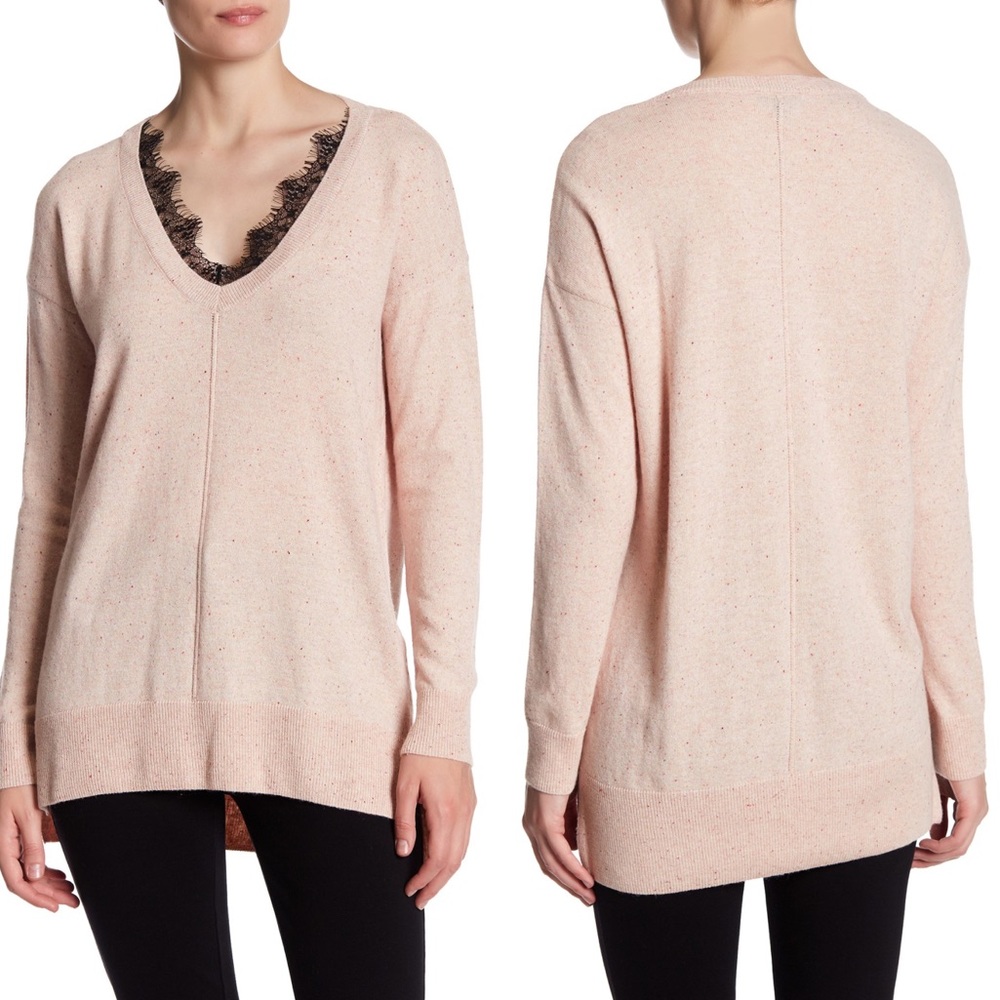 TOPSHOP Lace Trim Blush Speckled V-Neck Sweater